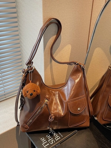 Damen Große Kapazität PU Leder Tote Bag Urban Einfach Schultertasche Umhängetasche Mit Teddybär Anhänger Reißverschlusstasche