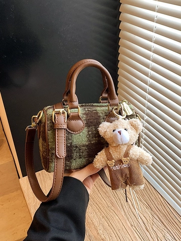 Borsa Boston Mini in Tweed a Quadri Vintage Borsa a Tracolla Cilindrica per Donna Con Ciondolo a Orsetto Borsa a Mano