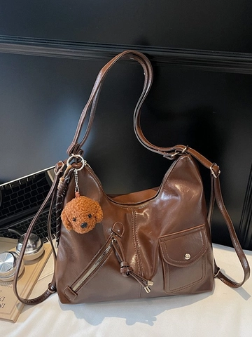 Damen Große Kapazität PU Leder Tote Bag Urban Einfach Schultertasche Umhängetasche Mit Teddybär Anhänger Reißverschlusstasche