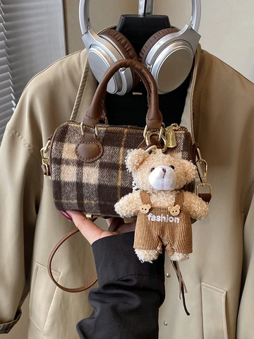 Borsa Boston Mini in Tweed a Quadri Vintage Borsa a Tracolla Cilindrica per Donna Con Ciondolo a Orsetto Borsa a Mano