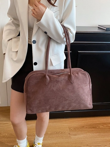 Retro Suede Texture PU Shoulder Bag For Women Large Capacity Boston Tote Bag Commuter Underarm Handbag Solid Color