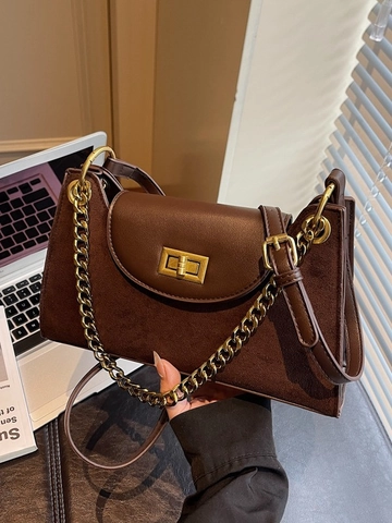 French Retro Leopard Print PU Leather Shoulder Bag For Women Fashion Gold Chain Turn Lock Commuting Crossbody Handbag