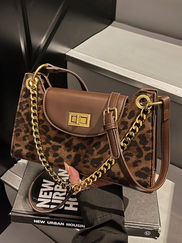 French Retro Leopard Print PU Leather Shoulder Bag For Women Fashion Gold Chain Turn Lock Commuting Crossbody Handbag