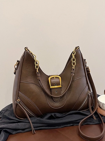 Women Vintage PU Leather Hobo Shoulder Bag Large Capacity Crossbody Bag With Gold Chain Stitching Decoration For Commute Daily