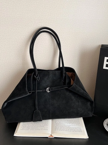 Women Large Capacity PU Leather Tote Bag Minimalist Commuting Shoulder Underarm Bag Solid Color Handbag With Buckle Pendant
