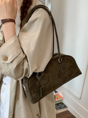 Women's Urban Minimalist PU Leather Underarm Bag Vintage Suede Texture Boston Shoulder Bag Solid Color Stylish Handbag