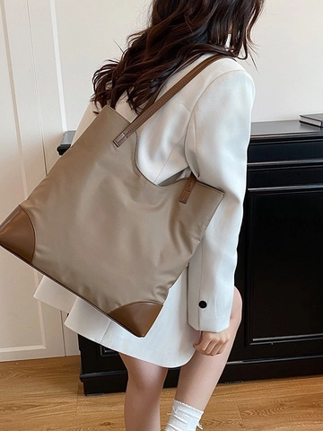 Sac Cabas en Nylon Grande Capacité pour Femmes Surpiqûres Minimalistes Garniture en Cuir Synthétique Sac à Main Décontracté