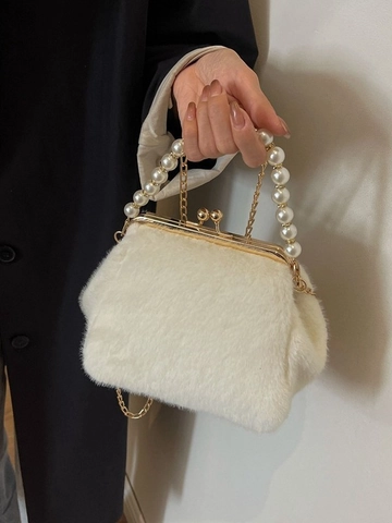 Dames Elegante Kunstbont Handtas Vintage Sluiting Pluche Crossbody Tas Met Kunstparel Handvat Gouden Metalen Ketting