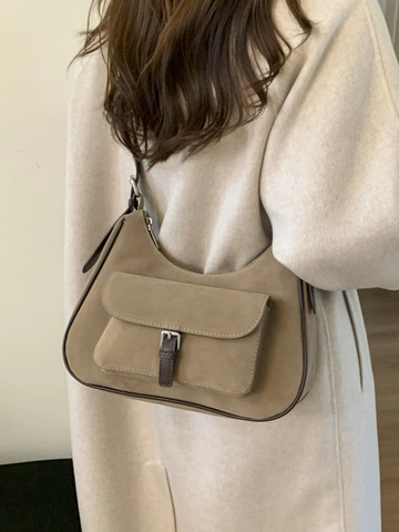 Vintage Frosted PU Underarm Bag For Women Retro Hobo Half Moon Shoulder Bag With Adjustable Strap Solid Color Handbag
