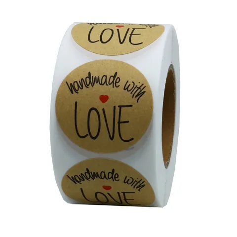 Handmade With Love Cuore Rotondo Carta Kraft Adesivi Decorativi Etichette Sigillanti Adesive per Matrimonio Regalo Pasticceria Confezione Decorazione