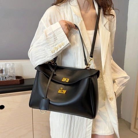Damen Minimalistische PU Leder Tragetasche Große Kapazität Pendler Umhängetasche Mit Gold Schlossverschluss Mode Unterarm Handtasche