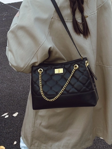 Bolso Tote Acolchado Para Mujer Cuero PU Cadena Dorada Correa Ajustable Patrón Rombos Bolso De Hombro Minimalista Para Viaje Diario