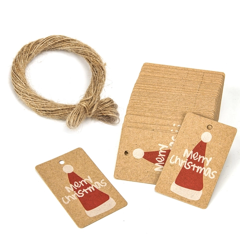 Christmas Kraft Paper Gift Tags With Jute Twine Merry Christmas Santa Hat Pattern Rectangular DIY Holiday Wrapping Labels