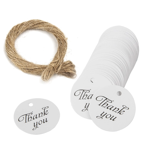 White Circular Kraft Paper Thank You Gift Tags With Jute Rope For Wedding Birthday Party Gift Wrapping Decoration Printed Tags