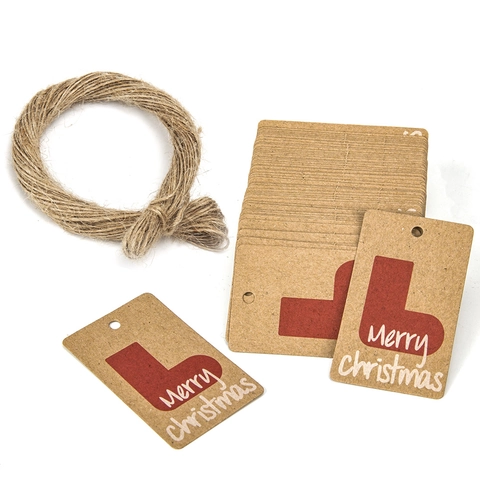 Vintage Bruin Kraft Papier Kerst Cadeaulabels Met Jute Touw Merry Christmas Laarzen Patroon Decoratieve Festival Labels