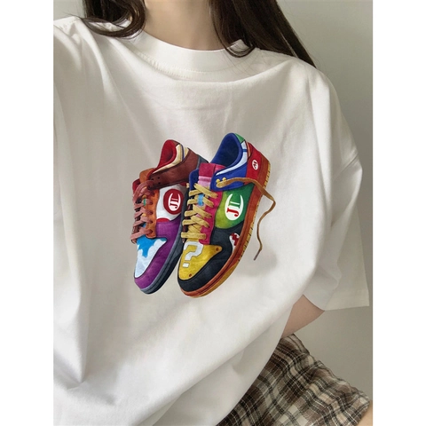T-Shirt Oversize en Coton pour Femmes Style Japonais Large Décontracté Haut à Manches Courtes Imprimé Baskets Colorées Col Rond