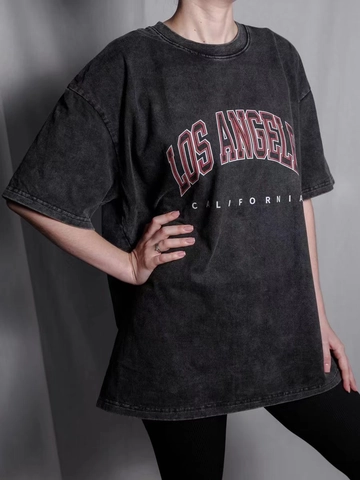 Maglietta da Donna in Cotone Nero Lavato Retro Americano Oversized Manica Corta Los Angeles Stampa Lettere Grafica Top Tee