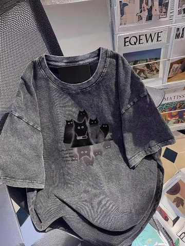 T-Shirt da Donna Vintage in Cotone Grigio Carbone Lavato con Grafica Gatto Nero Stampata Vestibilità Ampia Oversize Girocollo
