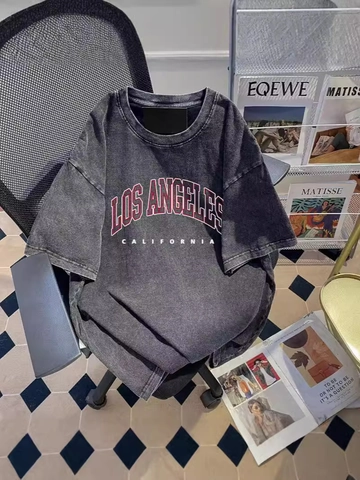Damen Vintage Gewaschene Baumwolle T-Shirt Retro Los Angeles California Buchstabendruck Rundhals Kurzarm Lockeres Streetwear Top
