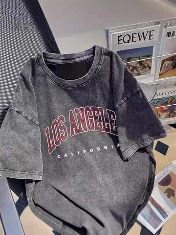 Damen Vintage Gewaschene Baumwolle T-Shirt Retro Los Angeles California Buchstabendruck Rundhals Kurzarm Lockeres Streetwear Top