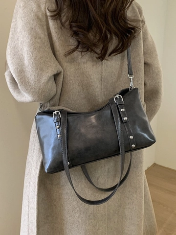 Sac à Épaule sous le Bras en Cuir PU Vintage pour Femmes Décor Boucle Rivet Minimaliste Sophistiqué Rétro Sac de Navette