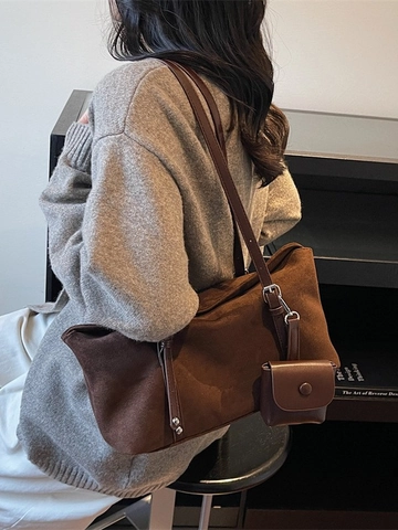 Retro Wildleder Tragetasche Damen Große Kapazität Mattierte Umhängetasche Mit Kleiner Tasche Minimalistische Pendler Handtasche