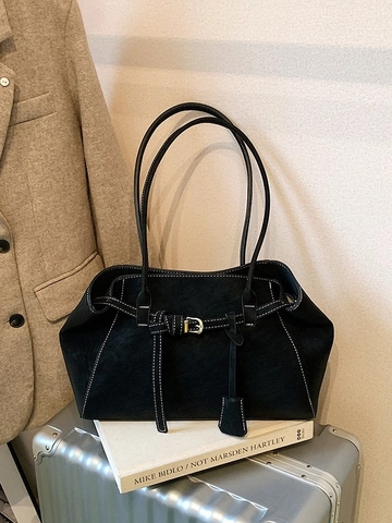 Grand Sac Fourre-tout en Cuir PU Mat Vintage pour Femmes Sac à Bandoulière de Navetteur avec Surpiqûres Contrastées et Boucle