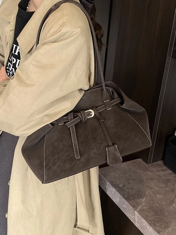 Grand Sac Fourre-tout en Cuir PU Mat Vintage pour Femmes Sac à Bandoulière de Navetteur avec Surpiqûres Contrastées et Boucle