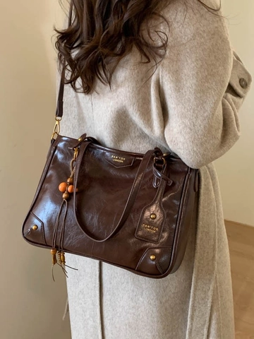 Borsa Tote Donna Vintage in Pelle PU Grande Capacità Borsa a Tracolla Con Nappina Retro Cuciture Borsa da Lavoro