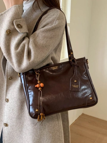 Borsa Tote Donna Vintage in Pelle PU Grande Capacità Borsa a Tracolla Con Nappina Retro Cuciture Borsa da Lavoro