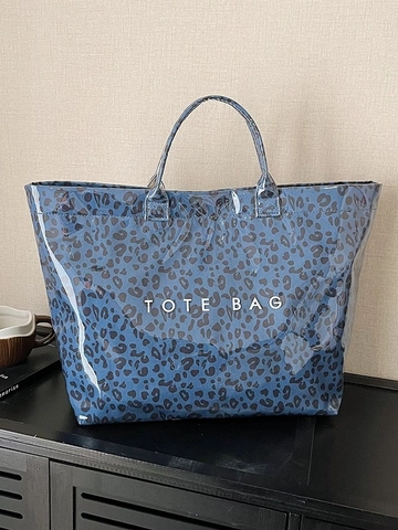 Women Fashion Leopard Print PVC Tote Bag Large Capacity Waterproof Commuter Handbag Casual Shoulder Shopping Bag For Lady