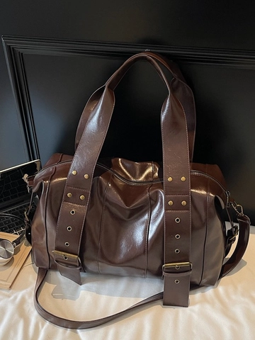 Bolso de Mano de Cuero PU de Gran Capacidad para Mujer Vintage Decoración de Remaches Bolso de Hombro para Viaje Trabajo