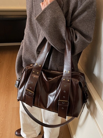 Bolso de Mano de Cuero PU de Gran Capacidad para Mujer Vintage Decoración de Remaches Bolso de Hombro para Viaje Trabajo