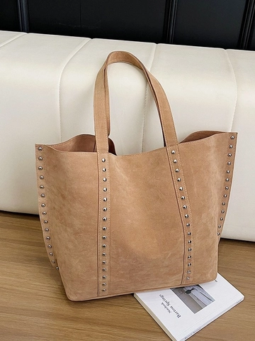 Large Retro Faux Suede Tote Bag For Women Vintage Rivet Decor Casual Commuting Shoulder Bag Versatile Handbag Shopper Bag