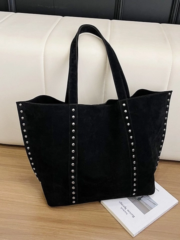 Large Retro Faux Suede Tote Bag For Women Vintage Rivet Decor Casual Commuting Shoulder Bag Versatile Handbag Shopper Bag
