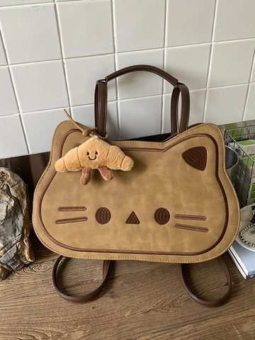 Mode Schattige Kat Hoofd Vorm PU Lederen Rugzak Voor Vrouwen Met Croissant Pluche Hanger Grote Capaciteit Cartoon Tas