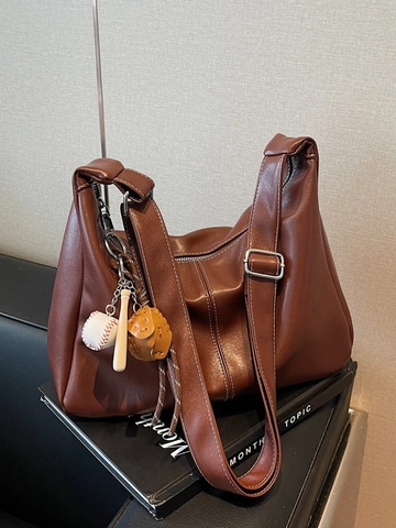 Damen Große Kapazität PU Leder Hobo Tasche Vintage Kontrastnähte Schulter Tote Tasche Mit Baseball Anhänger Zubehör