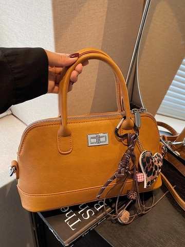 Women Retro PU Leather Boston Handbag Minimalist Crossbody Bag With Heart Leopard Pendant Solid Color Top Handle Pillow Bag