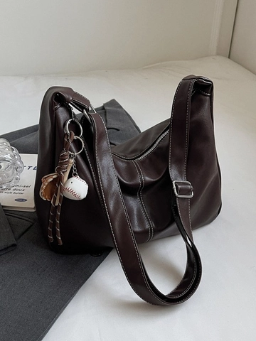 Damen Große Kapazität PU Leder Hobo Tasche Vintage Kontrastnähte Schulter Tote Tasche Mit Baseball Anhänger Zubehör