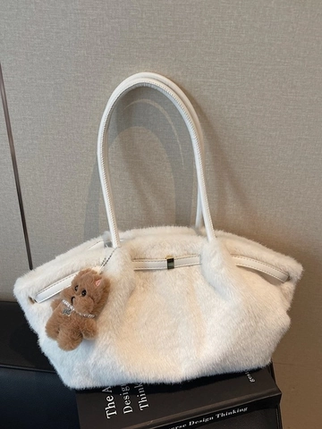 Bolso Tote de Peluche de Piel Artificial de Moda para Mujer Urbano Simple Plisado Bolso de Hombro Esponjoso de Gran Capacidad Con Colgante de Oso
