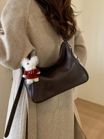 Vintage PU Leder Grote Capaciteit Crossbodytas Voor Dames Mode Contraststiksel Tote Schoudertas Met Pluche Bedeltje