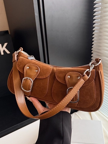 Retro Suede PU Leather Splicing Underarm Bag For Women Vintage Baguette Shoulder Bag With Front Buckle Pockets Contrast Color Satchel