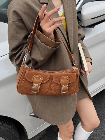 Retro Suede PU Leather Splicing Underarm Bag For Women Vintage Baguette Shoulder Bag With Front Buckle Pockets Contrast Color Satchel
