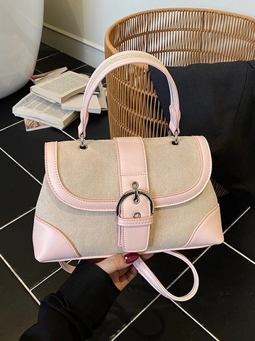 Retro Suede Splicing Handbag For Women Vintage Contrast Stitching Small Square Crossbody Bag With Metal Buckle Shoulder Bag