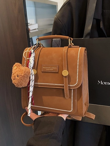 Zaino in Pelle PU Retrò da Donna Con Ciondolo a Orso Cuciture a Contrasto Borsa da Scuola Casual da Viaggio