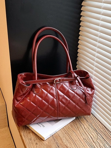 Women Glossy PU Leather Quilted Tote Bag Large Capacity Rhombic Pattern Shoulder Bag Casual Commuting Fashion Handbag
