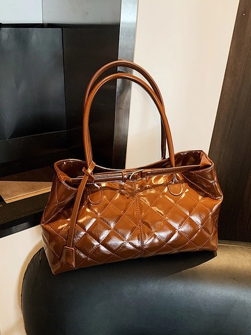 Women Glossy PU Leather Quilted Tote Bag Large Capacity Rhombic Pattern Shoulder Bag Casual Commuting Fashion Handbag