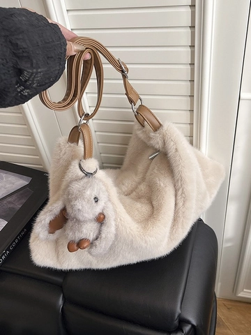 Borsa Tote in Peluche da Donna Moda Coreana Borsa a Tracolla in Ecopelliccia Per Pendolarismo Autunno Inverno Con Ciondolo a Coniglio