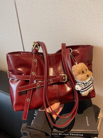 Retro Glossy PU Leather Tote Bag For Women Large Capacity Solid Color Shoulder Bag Elegant Commuter Underarm Bag With Plush Charm