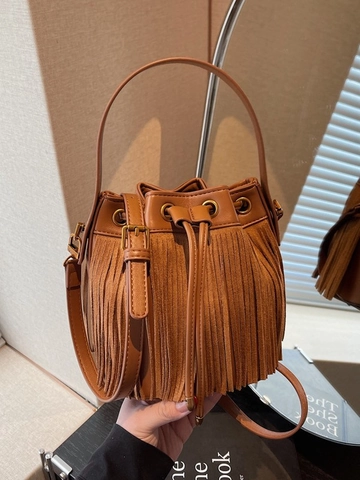 Bolso de Cubo con Flecos Retro para Mujer Cuero PU Cordón Bolso de Hombro Moda Elegante Color Sólido Uso Diario